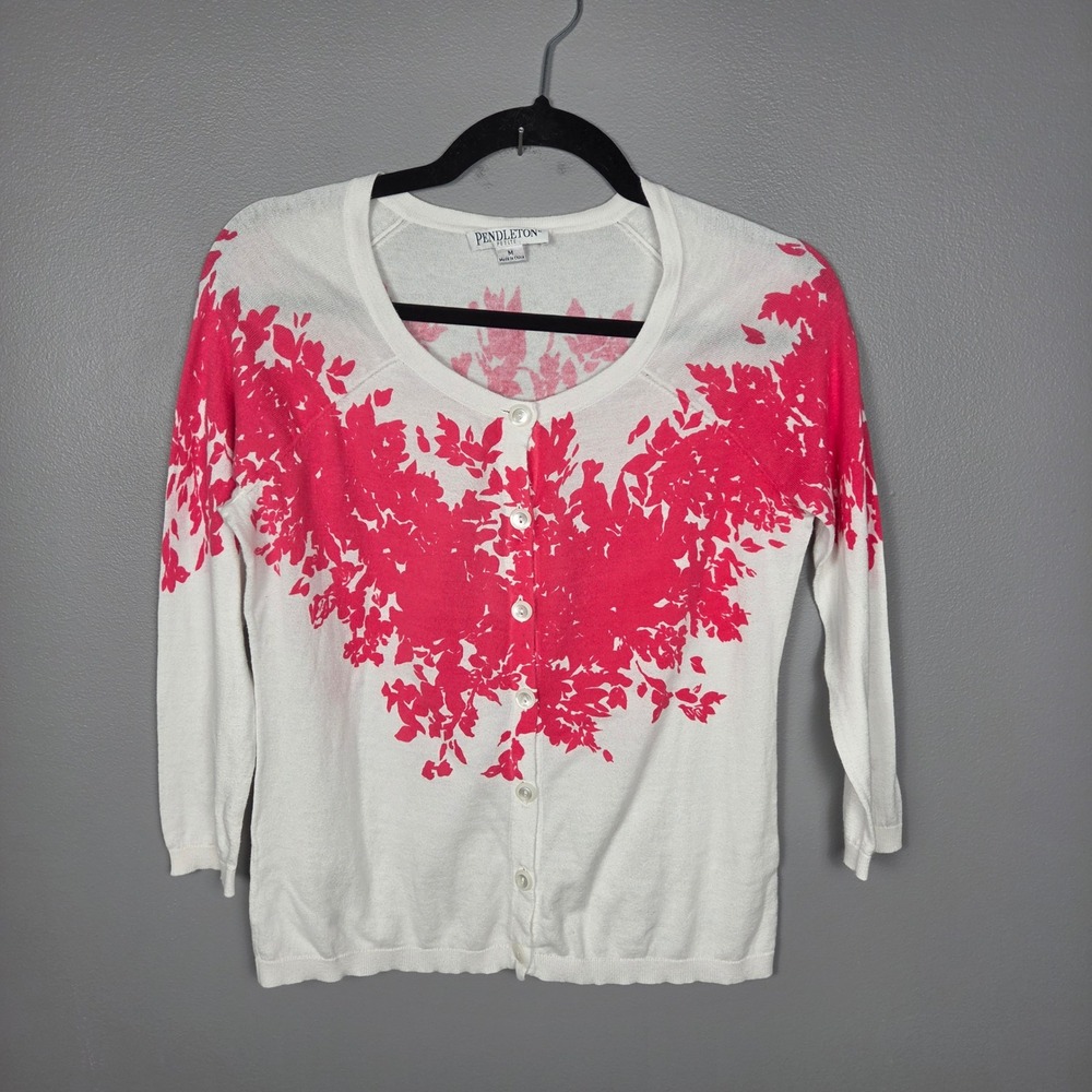 Pendleton Women Petite M Cardigan 3/4 Sleeve Floral Cotton Ivory Coral